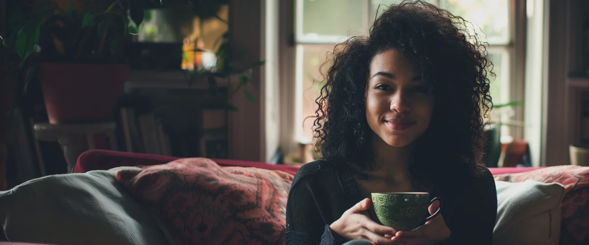 A woman holding a tea cup on a couch