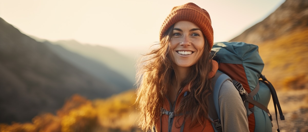 a woman smiling and hiking