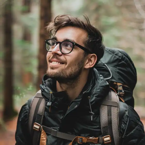 a man hiking in a forest